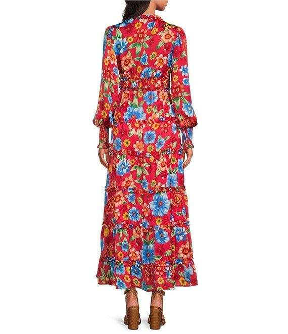 Chelsea & Violet Margaux Floral Print Plisse V-Neck Long Cuff Sleeve Maxi Dress Product Image