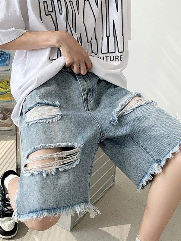 Men's Vintage Distressed Ripped Denim Shorts Product Image