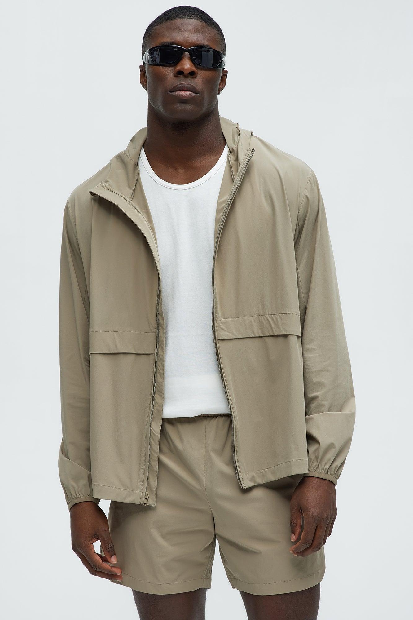 Lightweight Stretch Hooded Running Windbreaker Jacket - Taupe Product Image