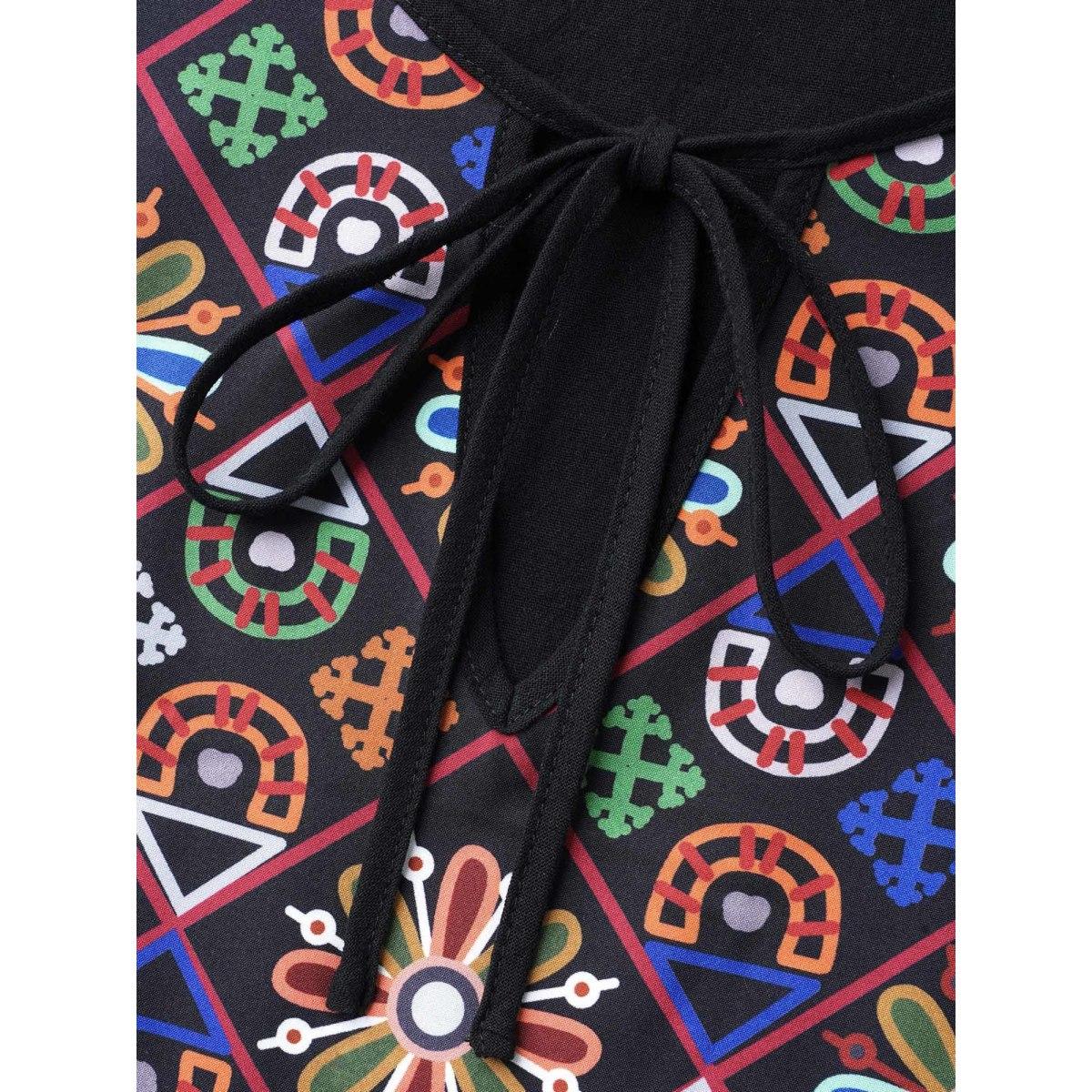 Plus Size Cotton Boho Pattern Neck Tassels Midi Dress Black Women Resort Tie knot Round Neck Sleeveless Curvy BloomChic 14-16/1X Product Image