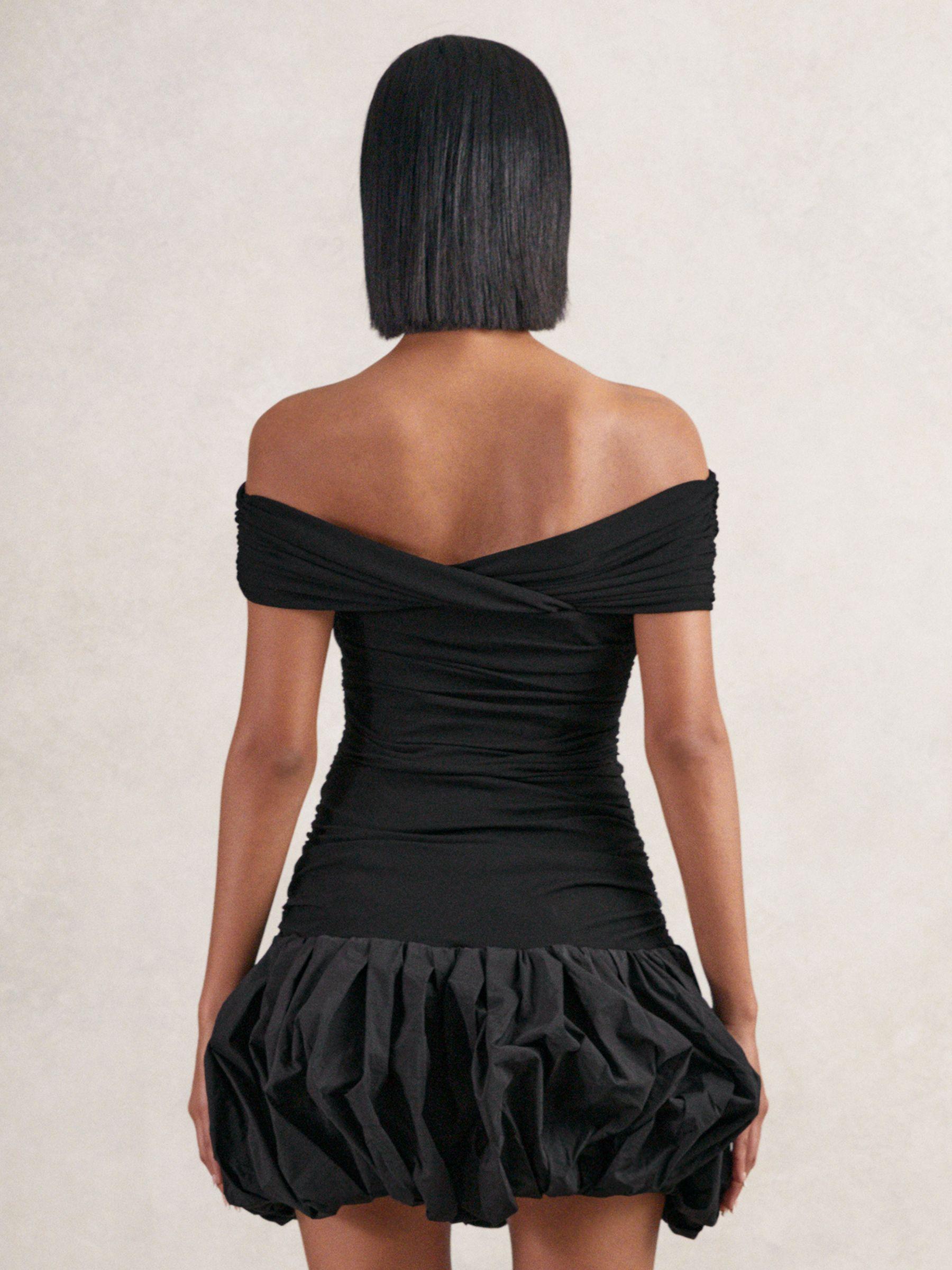Off-Shoulder Puffball Mini Dress in Black Product Image