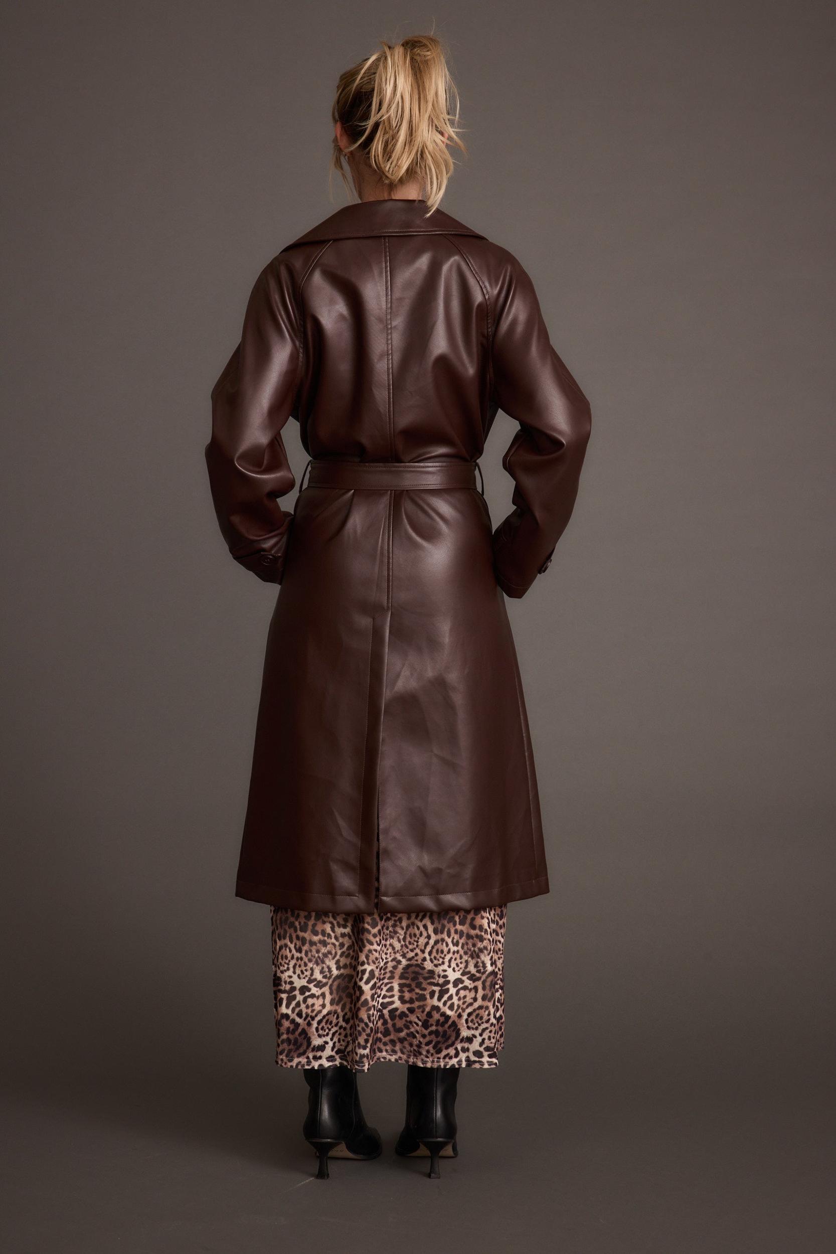 Brynne Faux Leather Mahogany Brown Trench Product Image