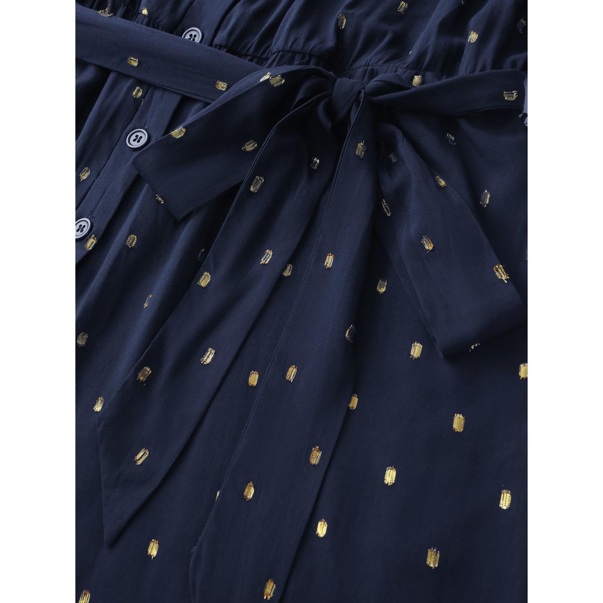 Plus Size Indigo Supersoft Jacquard Dots Belted Jumpsuit Women Party&Cocktail Extra Long Sleeve Flat collar with V-notch Party Loose Jumpsuits BloomChic 14-16/1X Product Image