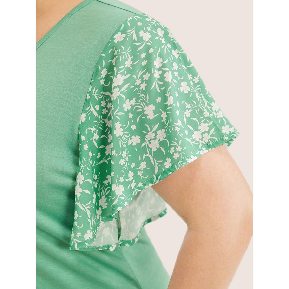 Plus Size Ditsy Floral Ruffle Sleeve Round Neck T-Shirt Mint Women Elegant Ditsy Floral Everyday T-shirts BloomChic 30/6X Product Image