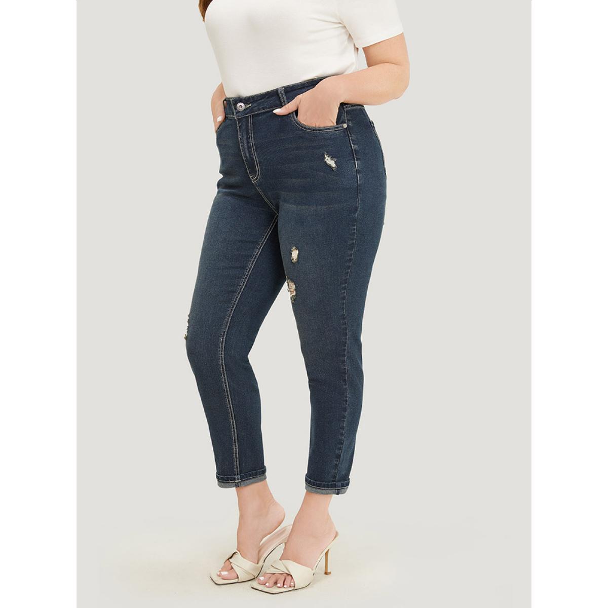 Plus Size Very Stretchy High Rise Dark Wash Distressed Stitch Jeans Women Midnight Casual Plain Roll Hem High stretch Jeans BloomChic 12/L Product Image