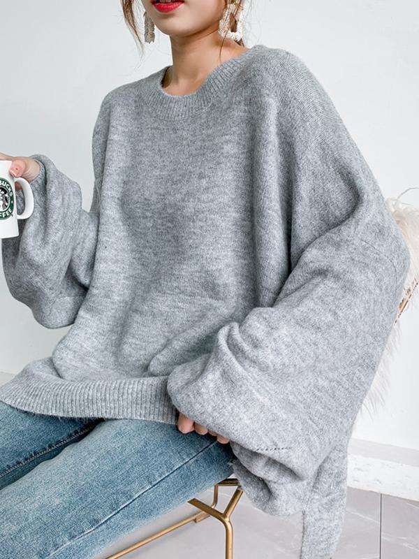 Stretch Mohair-Blend Balloon Sleeves Loose Solid Round-Neck Sweater Tops Product Image