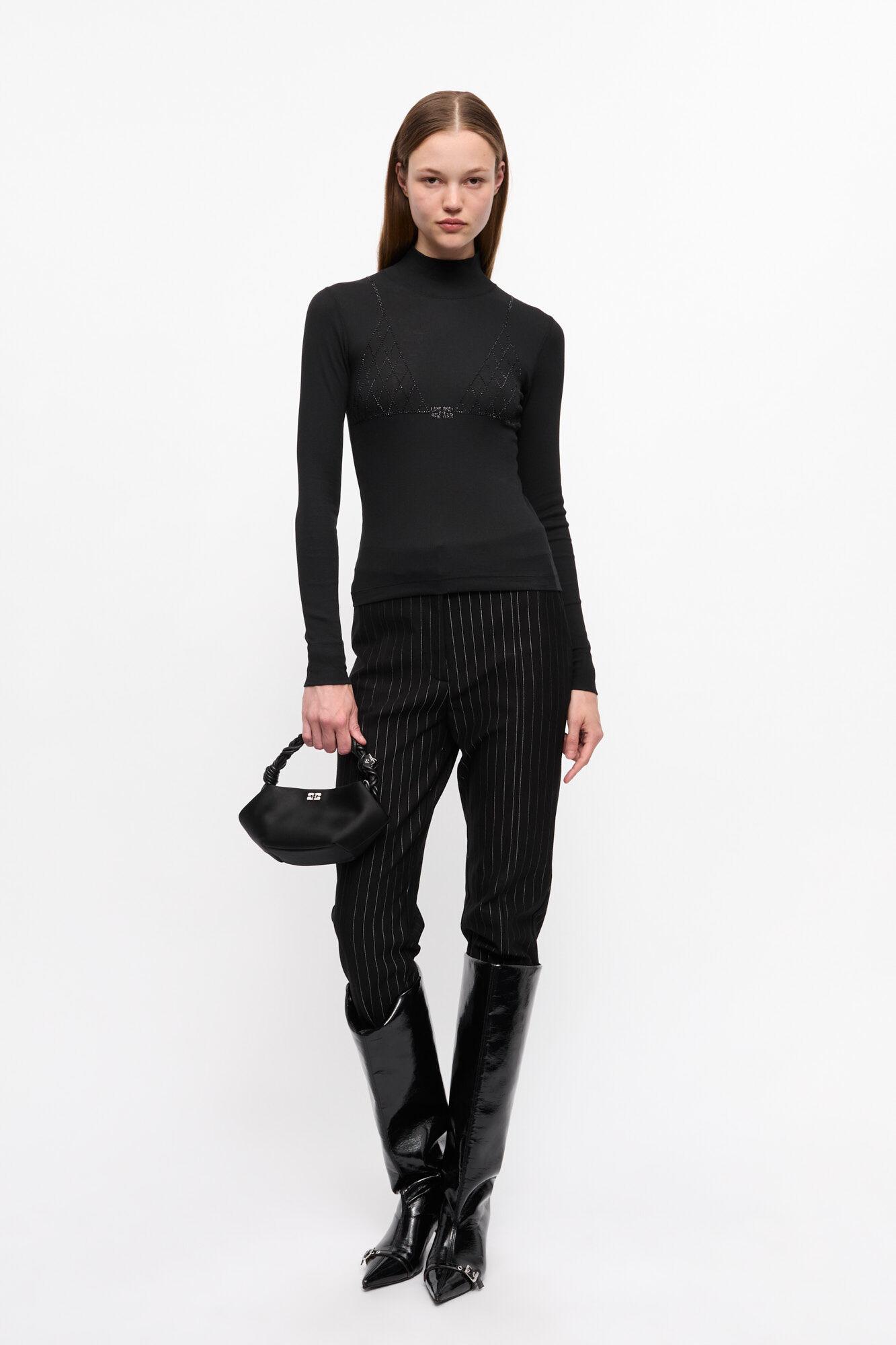 Black Soft Cotton Rib Rhinestone Top Product Image