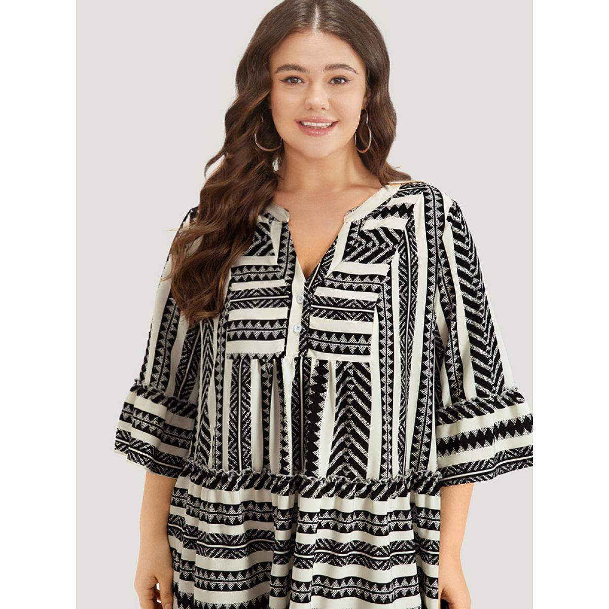 Plus Size Bandana Striped Pocket Button Detail Notched Patchwork Dress White Women Vacation Printed V-neck Elbow-length sleeve Curvy Midi Dress BloomChic 28/5X Product Image