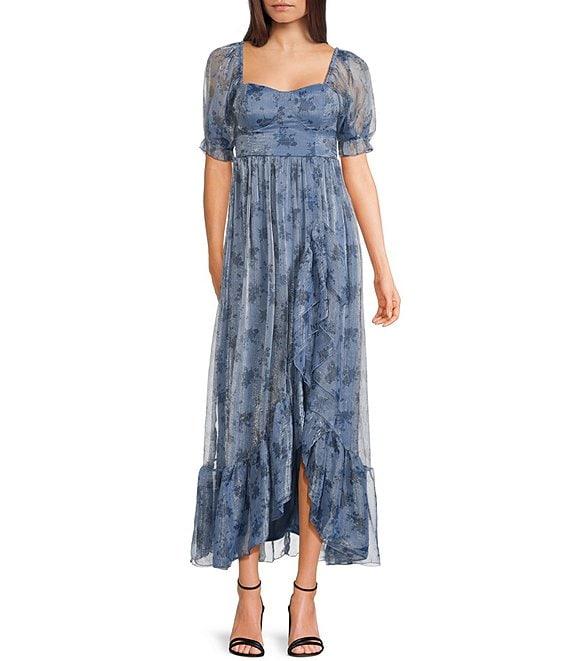 Allison & Kelly Floral Print Sweetheart Neck Puff Sleeve Corset Ruffle Hem Midi Dress Product Image