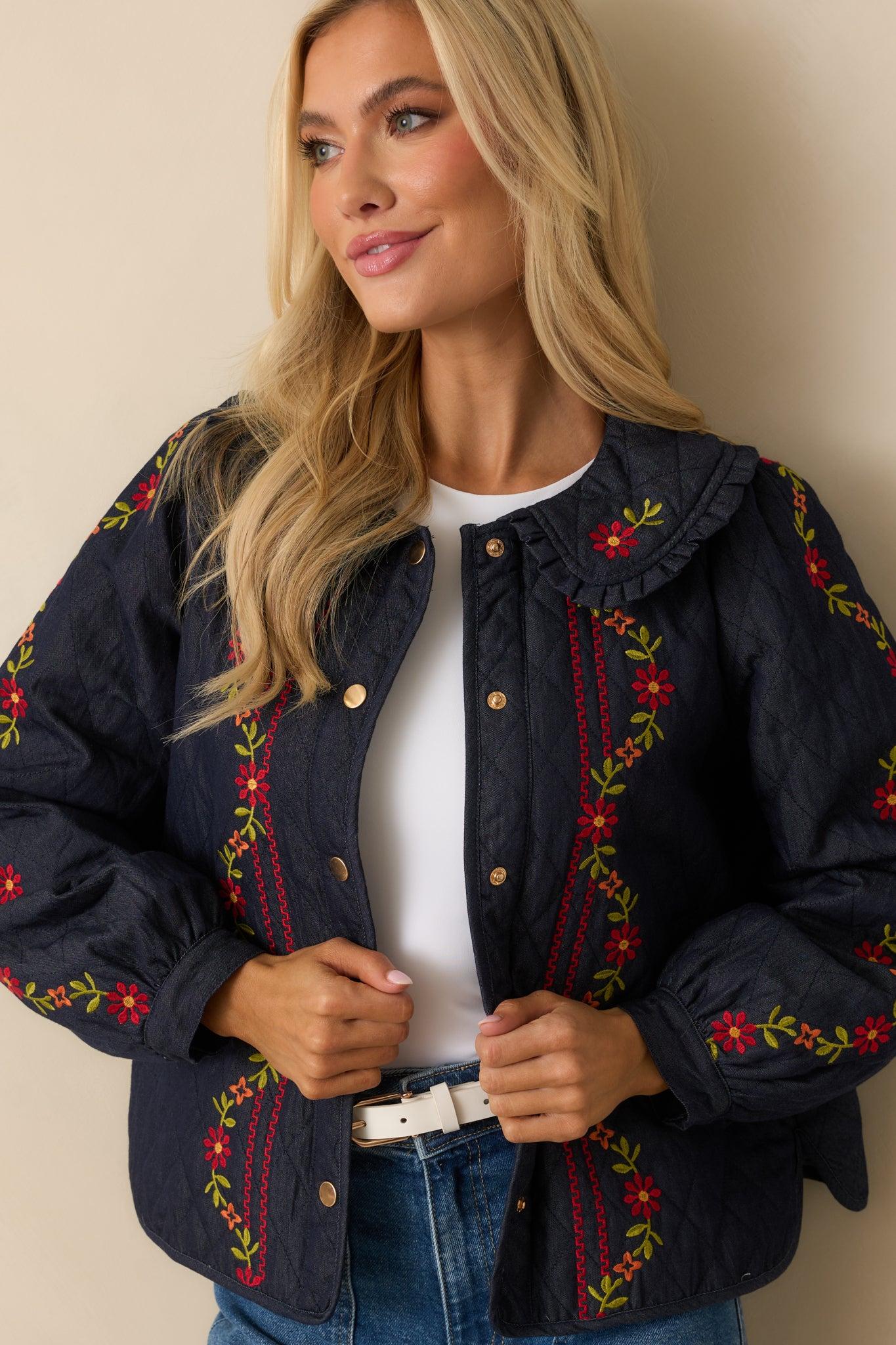 Wildflower Trails Dark Indigo Denim Quilted Embroidered Button Up Jacket Product Image