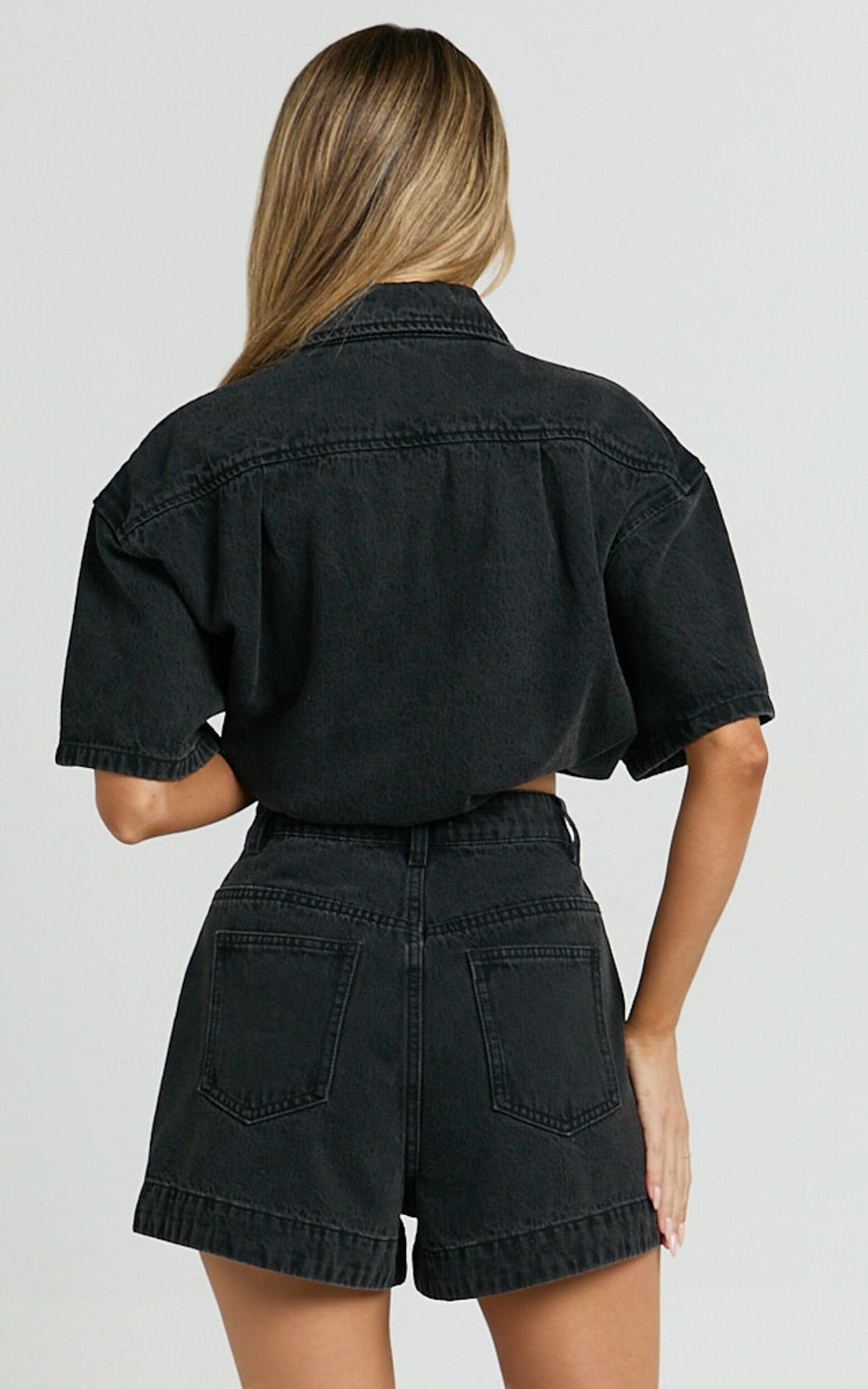 Rhianna Shorts - Mid Waist Recycled Denim Shorts in Washed Black Product Image
