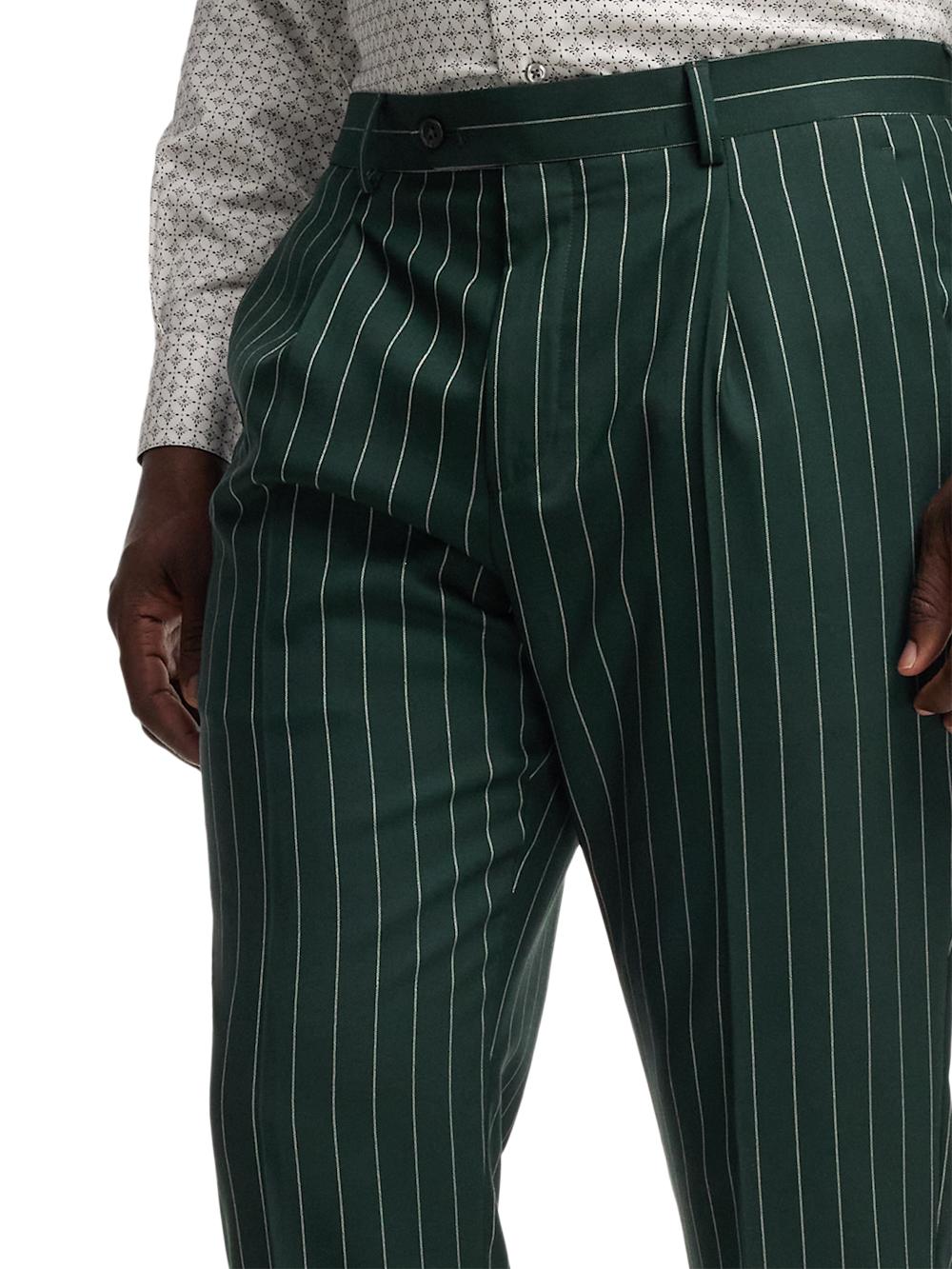Wool Stretch Stripe Single Pleat Suit Pants - Dark Green Product Image
