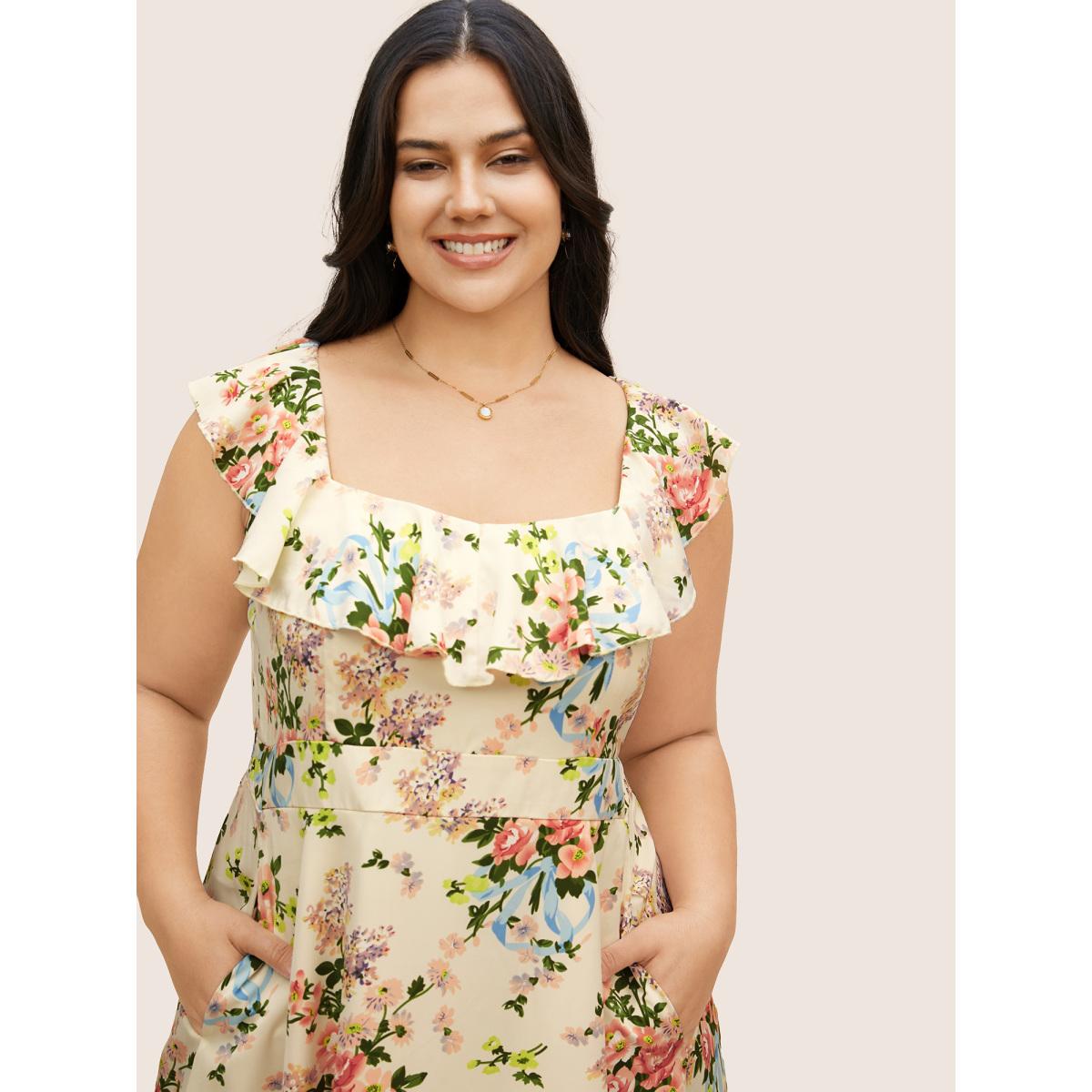 Plus Size Square Neck Floral Ruffle Trim Dress Beige Women Elegant Ruffles Square Neck Sleeveless Curvy BloomChic 22-24/3X Product Image