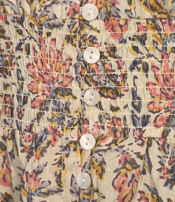 Talisman Halo Woven Printed V-Neck Button Front Smock Waist 3/4 Puff Sleeve A-Line Maxi Dress Product Image