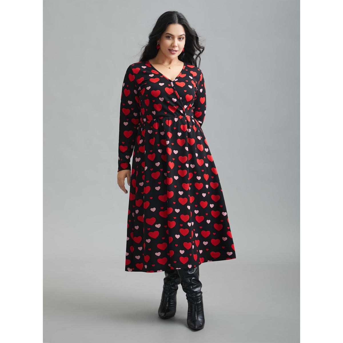 Plus Size Wrap Neck Hearts Print Knit Dress Black Women Elegant Non Knit Dresses Bloomchic 18-20/2X Product Image