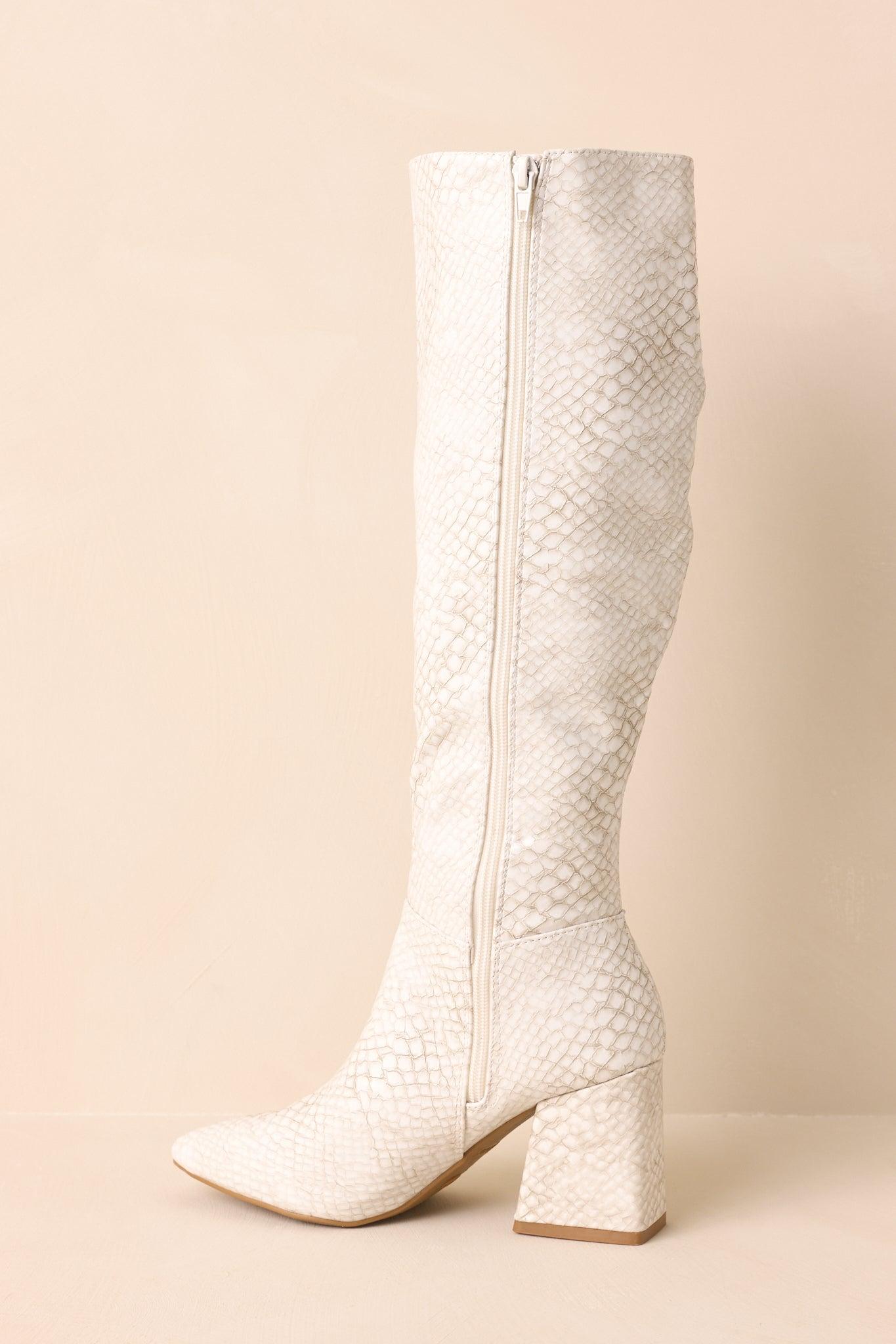 Always A Step Ahead Ivory Faux Snakeskin Knee High Boots Product Image