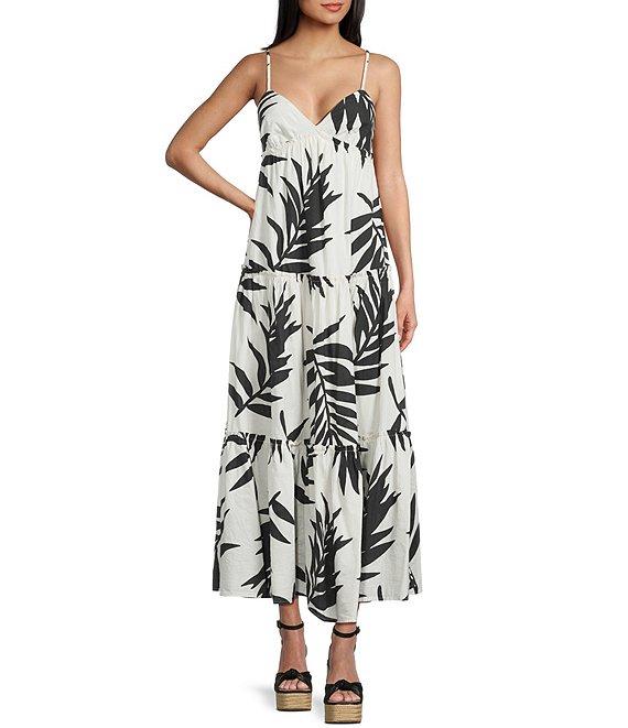 GB Leaf Print V-Neck Tie-Back Tiered Maxi Dress Product Image
