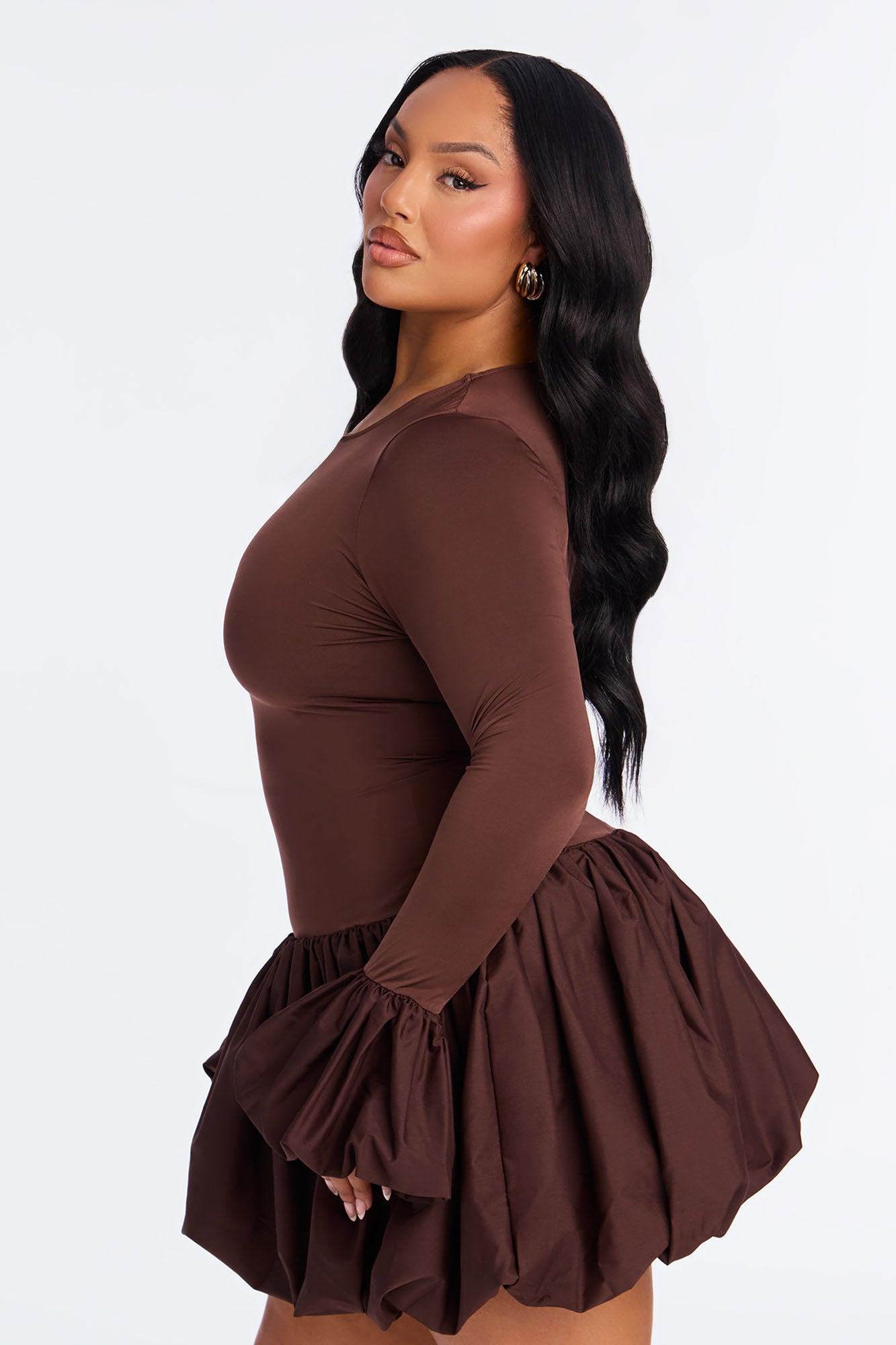 Jillian Puff Sleeve Bubble Mini Dress - Chocolate Female Product Image