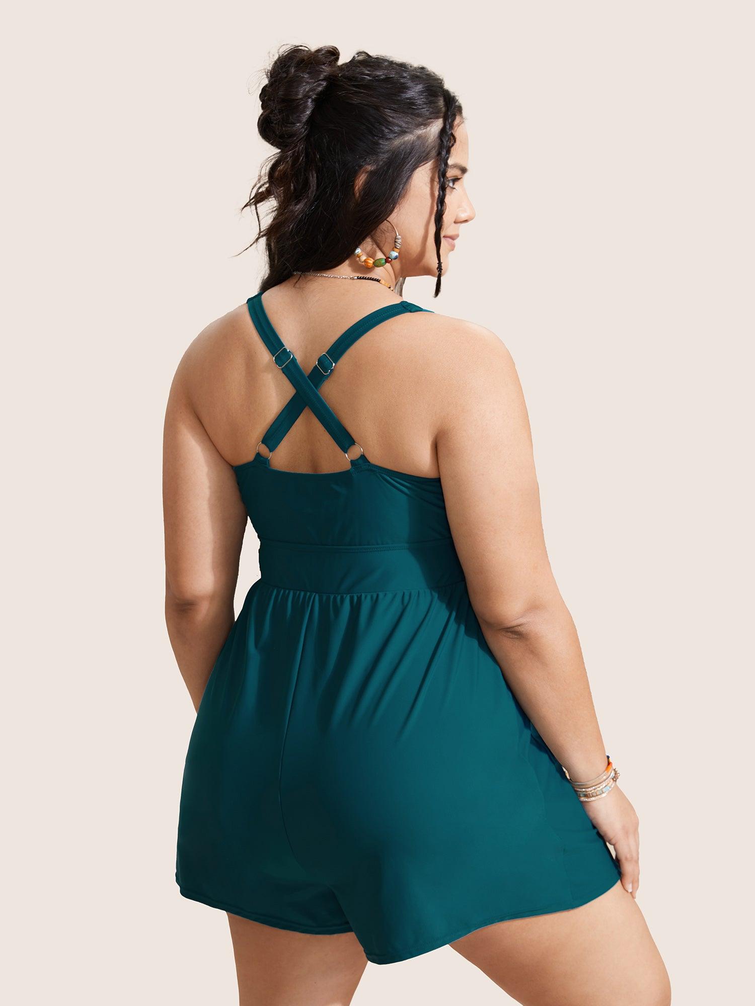 Plain Patched Pocket Drawstring One Piece Swimsuit Female Product Image