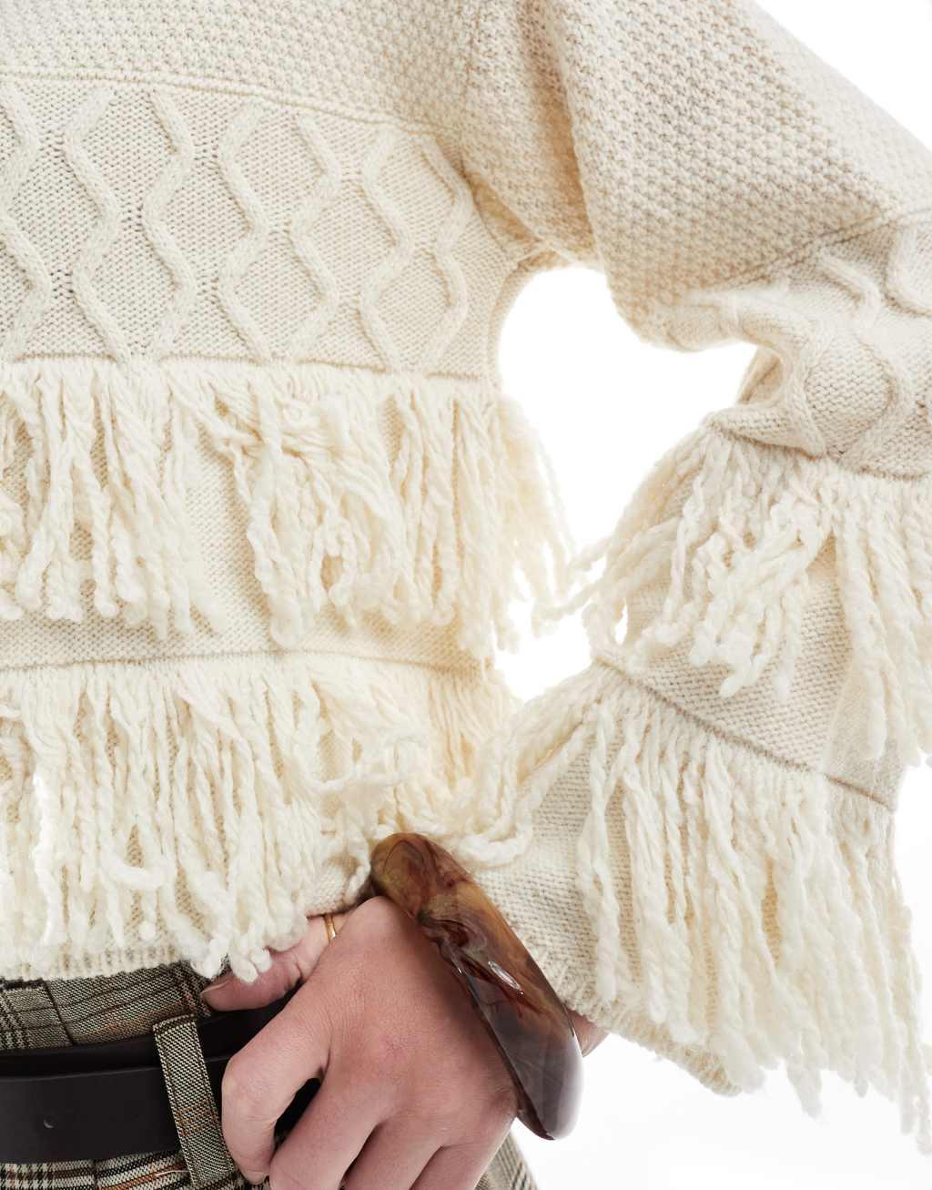 Miss Selfridge knit fringe boho cardigan in cream  Product Image