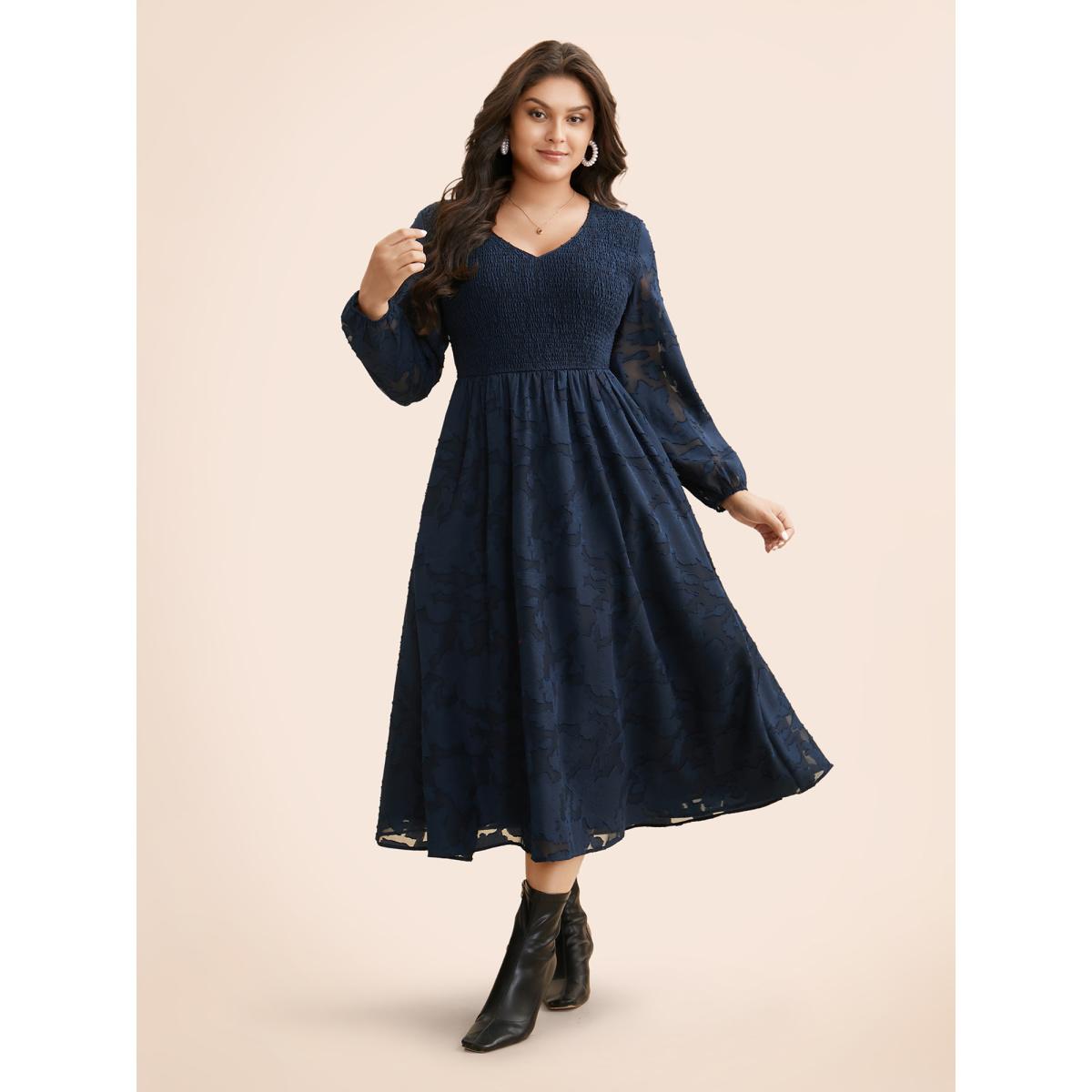 Plus Size Solid Textured Shirred Elastic Waist Dress DarkBlue Women Elegant Texture V-neck Long Sleeve Curvy BloomChic 18-20/2X Product Image