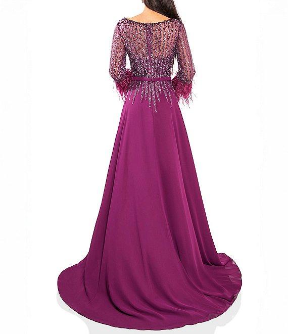 Terani Couture Chiffon Beaded Sequin Boat Neck Long Sleeve Feather Trim Gown Product Image