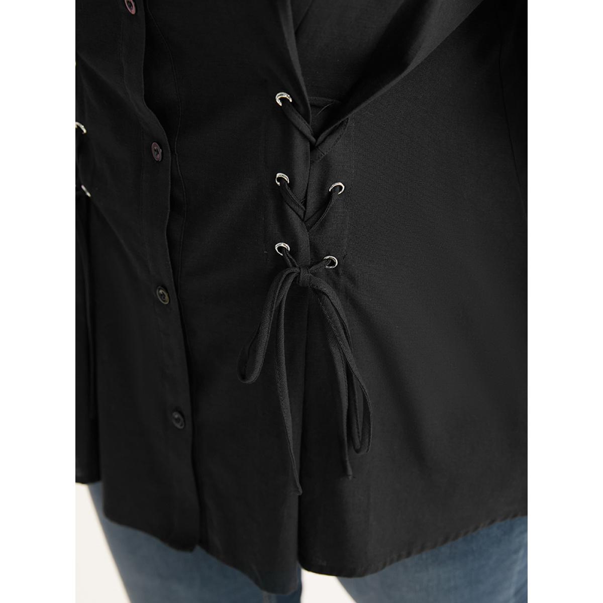 Plus Size Black Cotton Shirt Collar Lace Up Blouse Women Office Long Sleeve Shirt collar Work Blouses BloomChic 28/5X Product Image