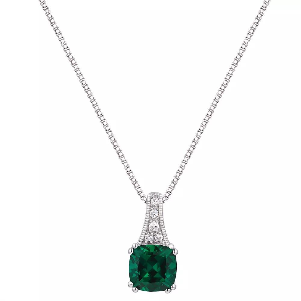 Rhodium Over Sterling Silver Square Gemstone With Lab-Created White Sapphire Accents Pendant Necklace, Women's, Size: 18", Created Green Product Image