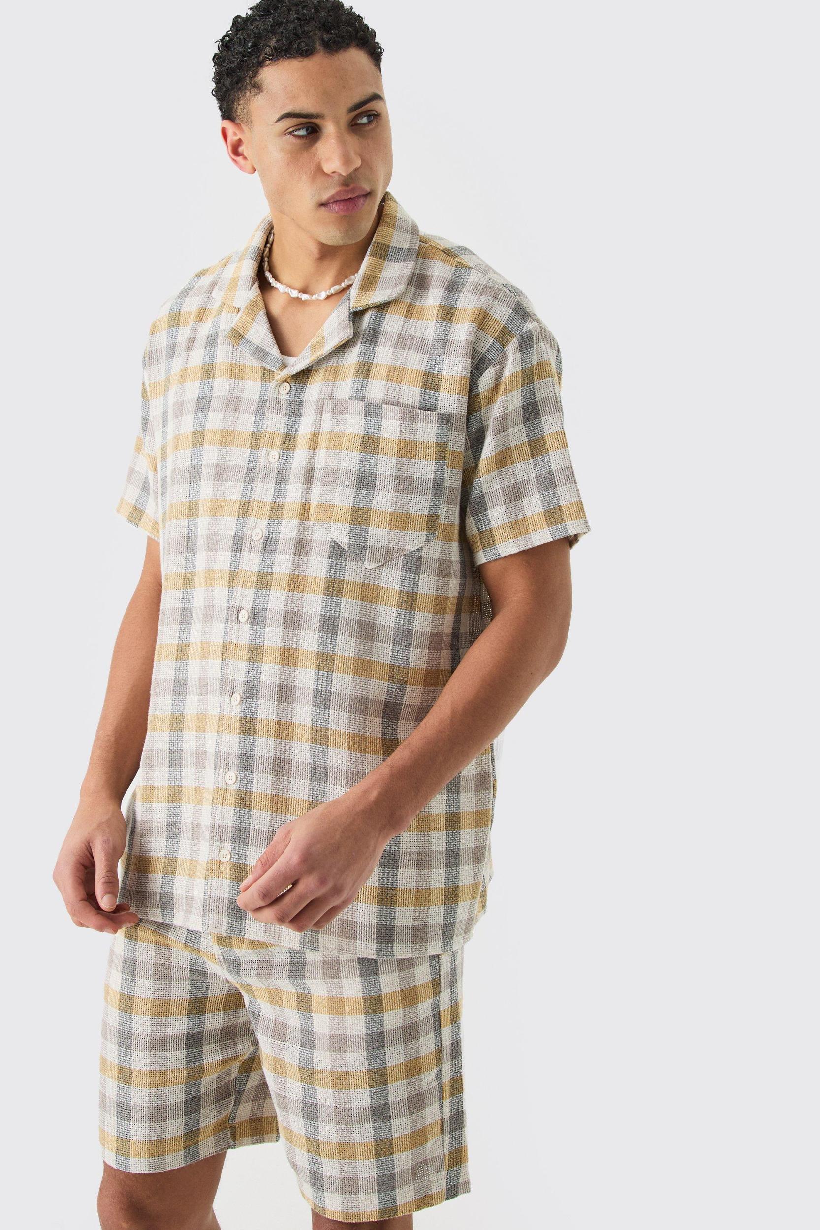 Oversized Mini Textured Flannel Shirt And Short | boohooMAN USA Product Image