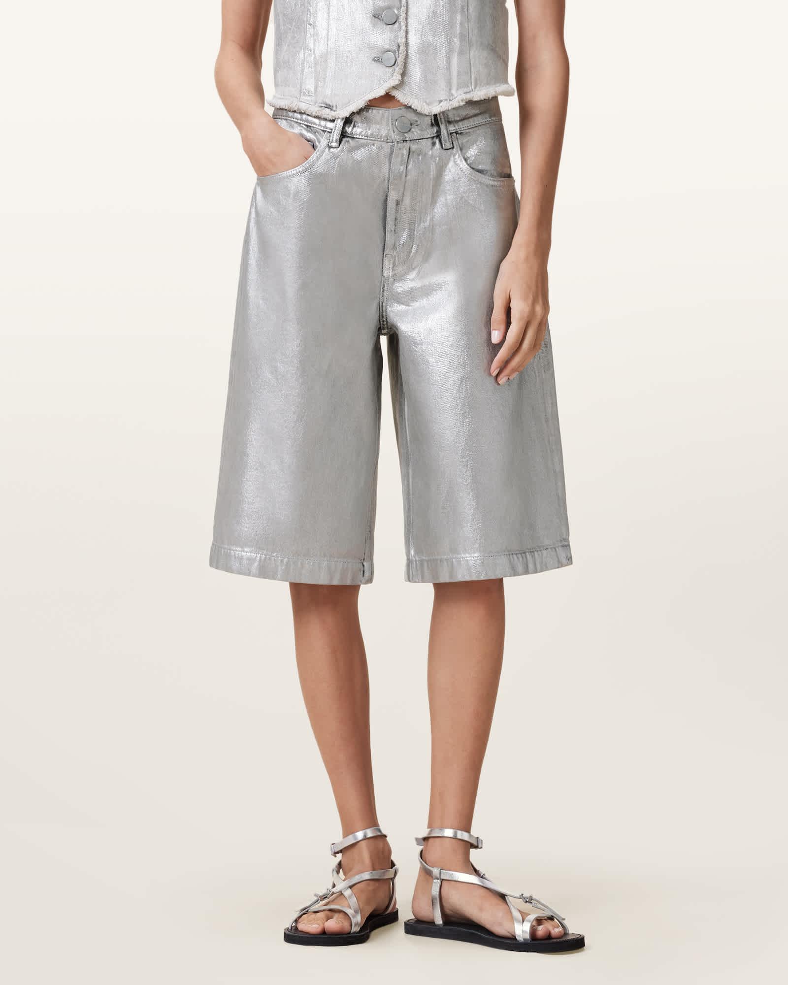 Louie Metallic Long Denim Shorts Product Image