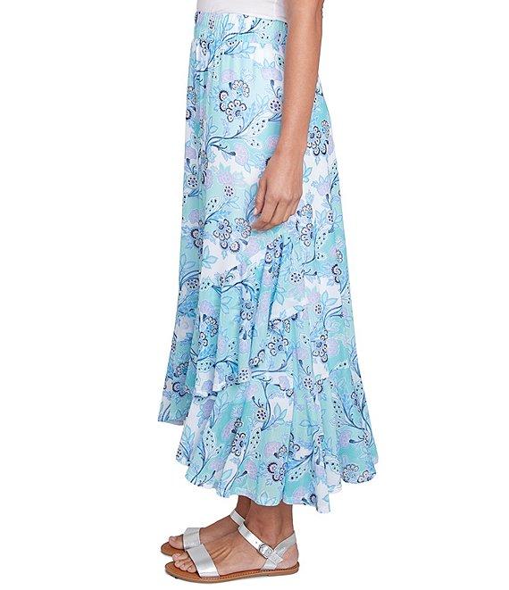 Ruby Rd. Floral Mesh Asymmetrical Ruffle Hem Pull-On Skirt Product Image