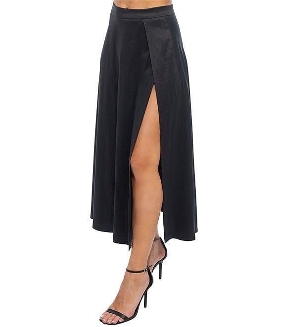 Marina Stretch Taffeta Side Slit A Line Midi Skirt Product Image