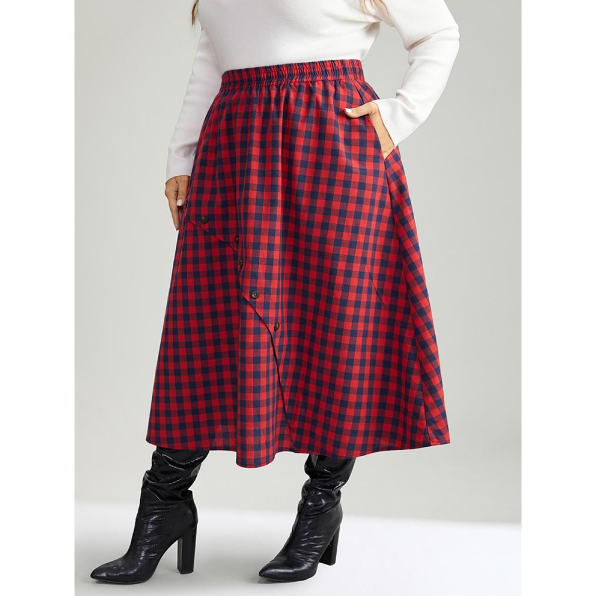 Plus Size Gingham Pocket Elastic Waist Button Detail Skirt Women Scarlet Elegant Elastic Waist Loose No stretch Pocket Festival-Christmas Skirts BloomChic 10/M Product Image