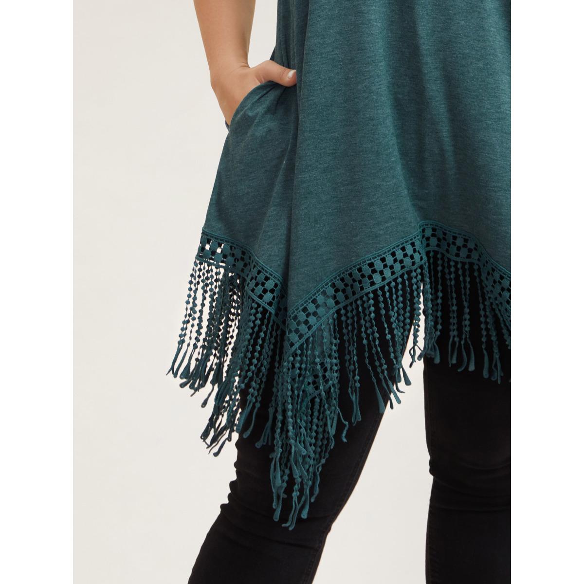 Plus Size Hi-Low Tassel Hem Stretchy Plain T-Shirt DarkGreen Women Elegant Tassels Round Neck Loose Everyday T-shirts BloomChic 14-16/1X Product Image