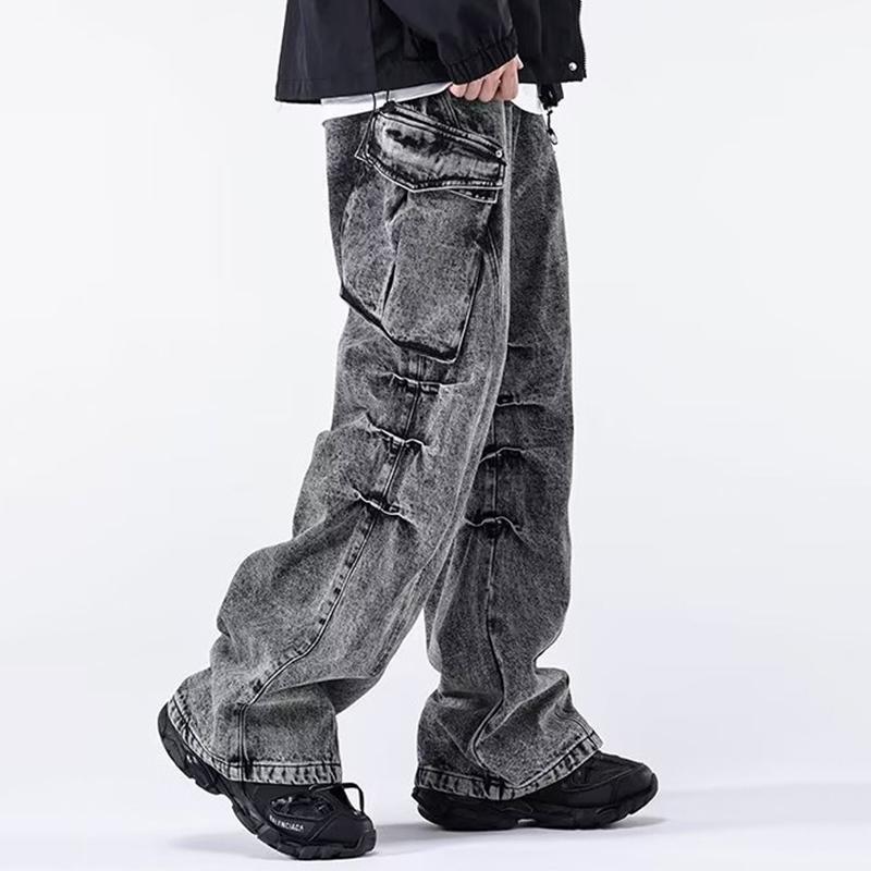 Sopula Men's Street Retro Distressed Stacked Straight-Leg Washed Work Jeans Product Image