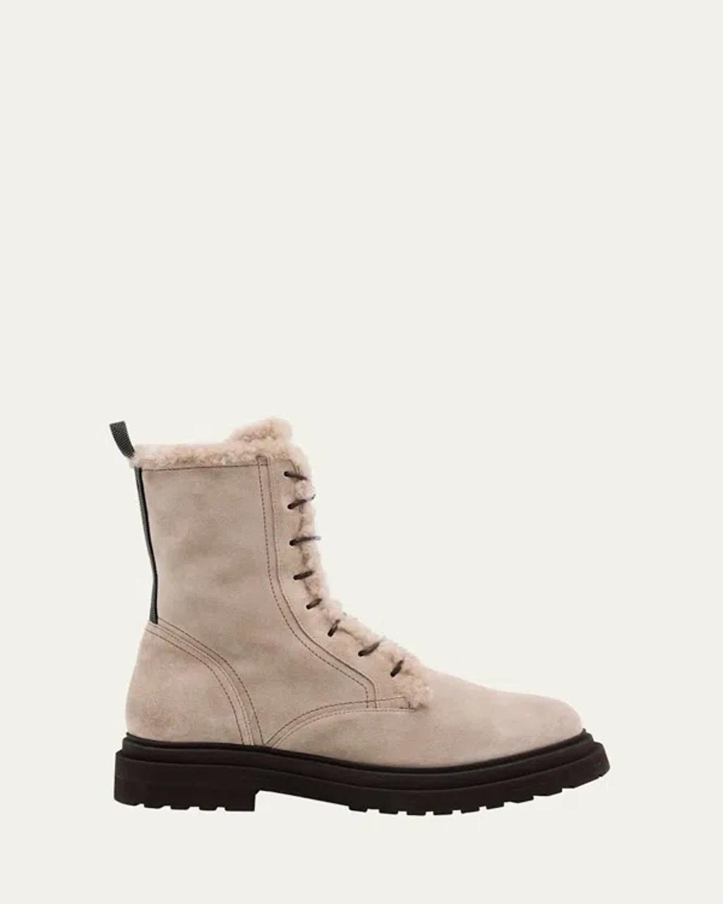 BRUNELLO CUCINELLI Chunky Sole Suede Combat Boots Monile In Neutral Product Image