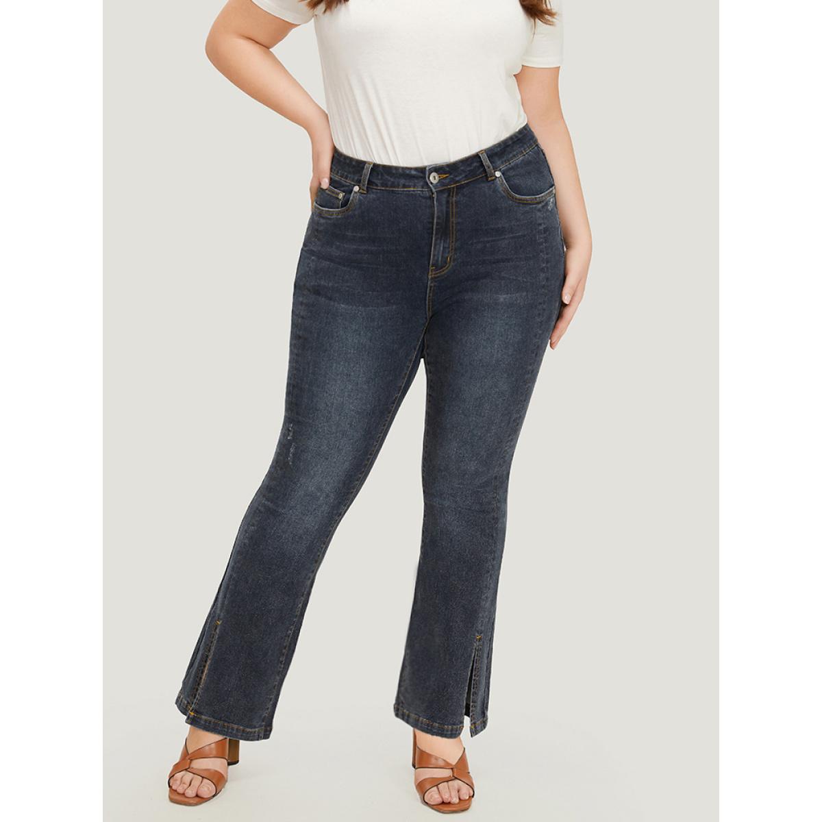 Plus Size Very Stretchy Split Hem Medium Wash Jeans Women Indigo Casual Plain Slit High stretch Pocket Jeans BloomChic 12/L Product Image