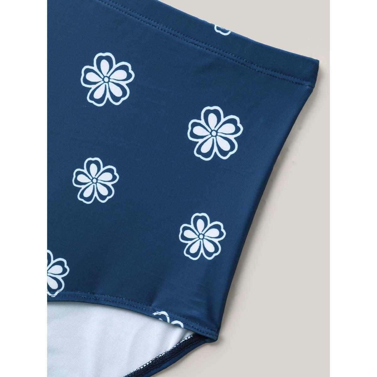 Plus Size Floral Fun Knotted Bodice Swim Dress Women's Swimwear Indigo Resort Bodycon V-neck High stretch Curve Swim Dresses BloomChic 10/M Product Image