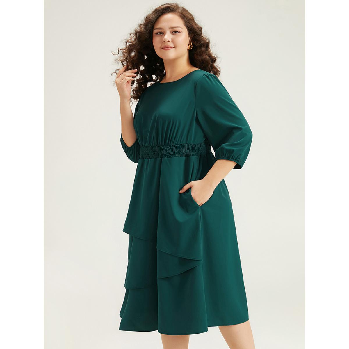 Plus Size Twill Flutter Shirred Asymmetrical Layered Hem Dress Teal Women At the Office Elastic cuffs Round Neck Elbow-length sleeve Curvy Midi Dress BloomChic 10/M Product Image