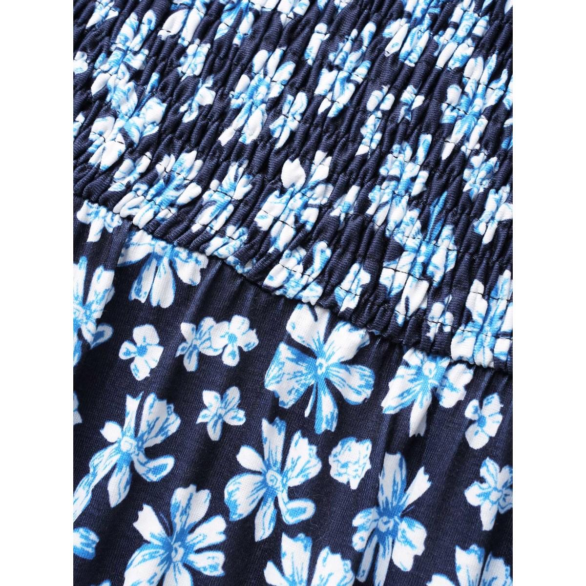 Plus Size Ditsy Floral Shirred Ruffle Trim Midi Dress DarkBlue Women Elegant Shirred Square Neck Cap Sleeve Curvy BloomChic 14-16/1X Product Image