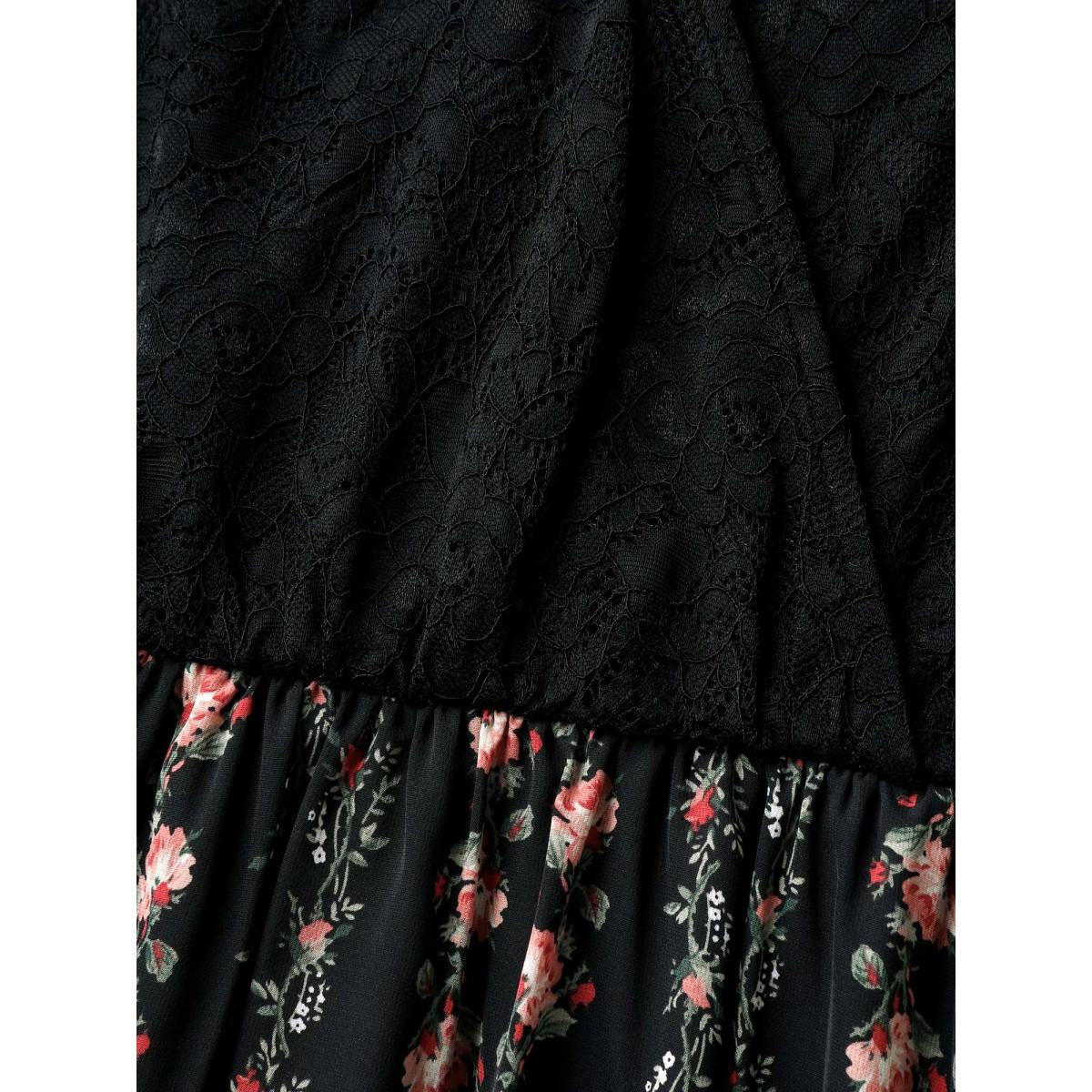 Plus Size Floral Stripes Lace Trim Maxi Dress Black Women Overlap Collar Sleeveless Curvy BloomChic 18-20/2X Product Image