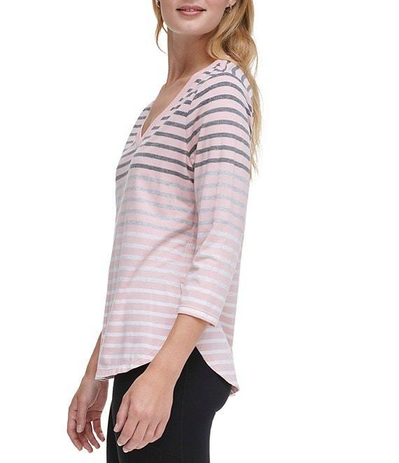 DKNY Sport by Donna Karan Stretch Stripe Jersey Knit V-Neck 3/4 Sleeve Tee Product Image