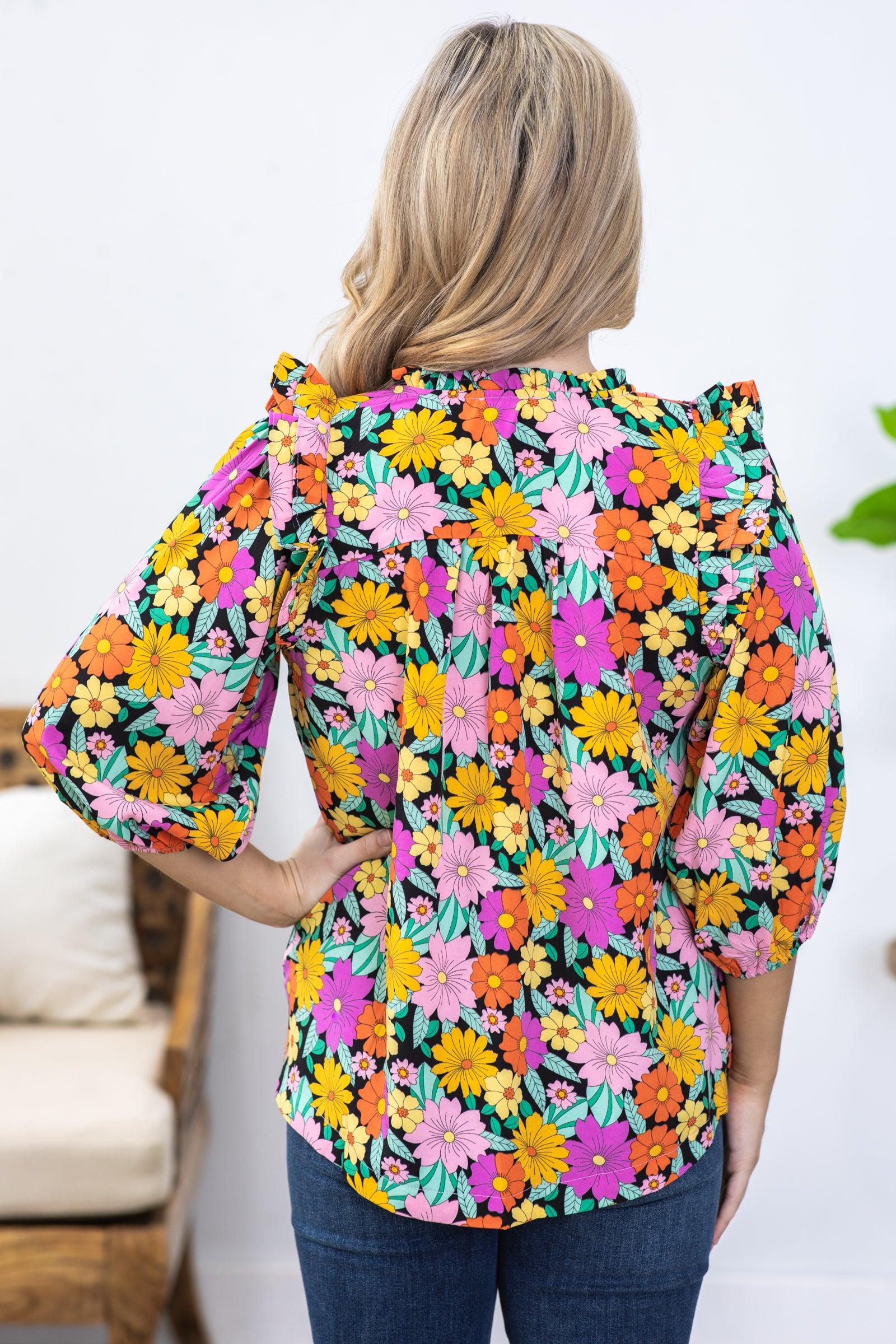 Black Flower Print V-Notched Woven Top Product Image