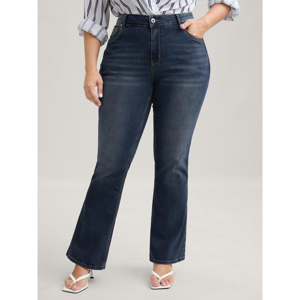 Plus Size Bootcut Very Stretchy Mid Rise Medium Wash Sculpt Waist Jeans Women Blue Timeless Plain Non High stretch Slanted pocket Jeans BloomChic 22/3X Product Image