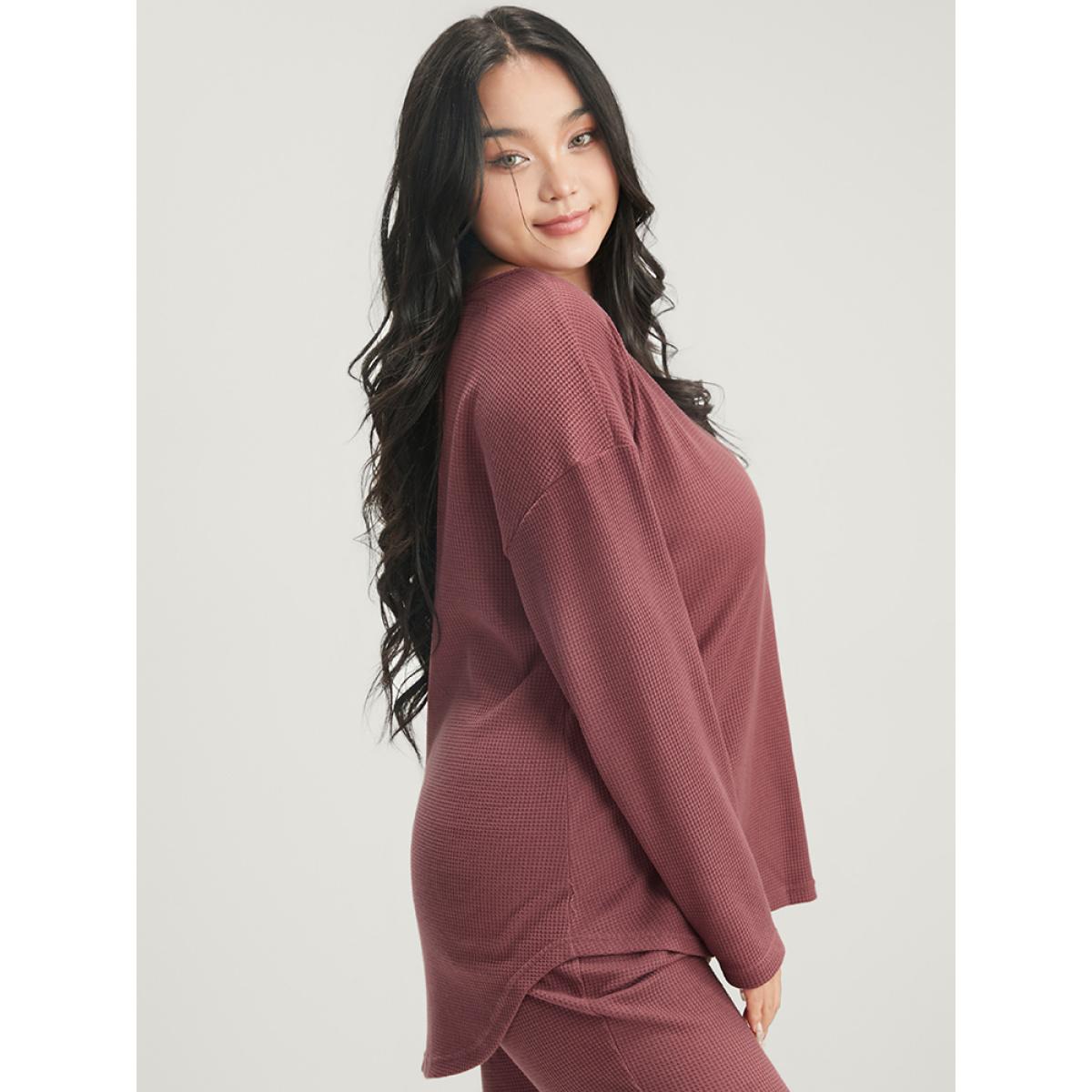Plus Size Solid Asymmetrical Hem Waffle Knit Pajama Set Women Russet Plain Elastic Waist Long Sleeve Round Neck Casual Loungewear Sets BloomChic 14-16/1X Product Image