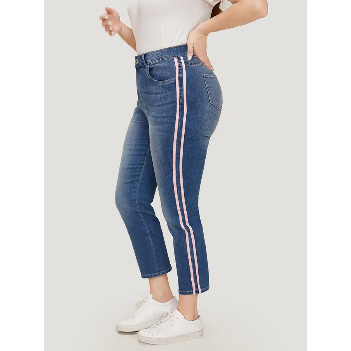 Plus Size Very Stretchy Medium Wash Contrast Striped Jeans Women Blue Casual Plain Patchwork High stretch Pocket Jeans BloomChic 10/M Product Image