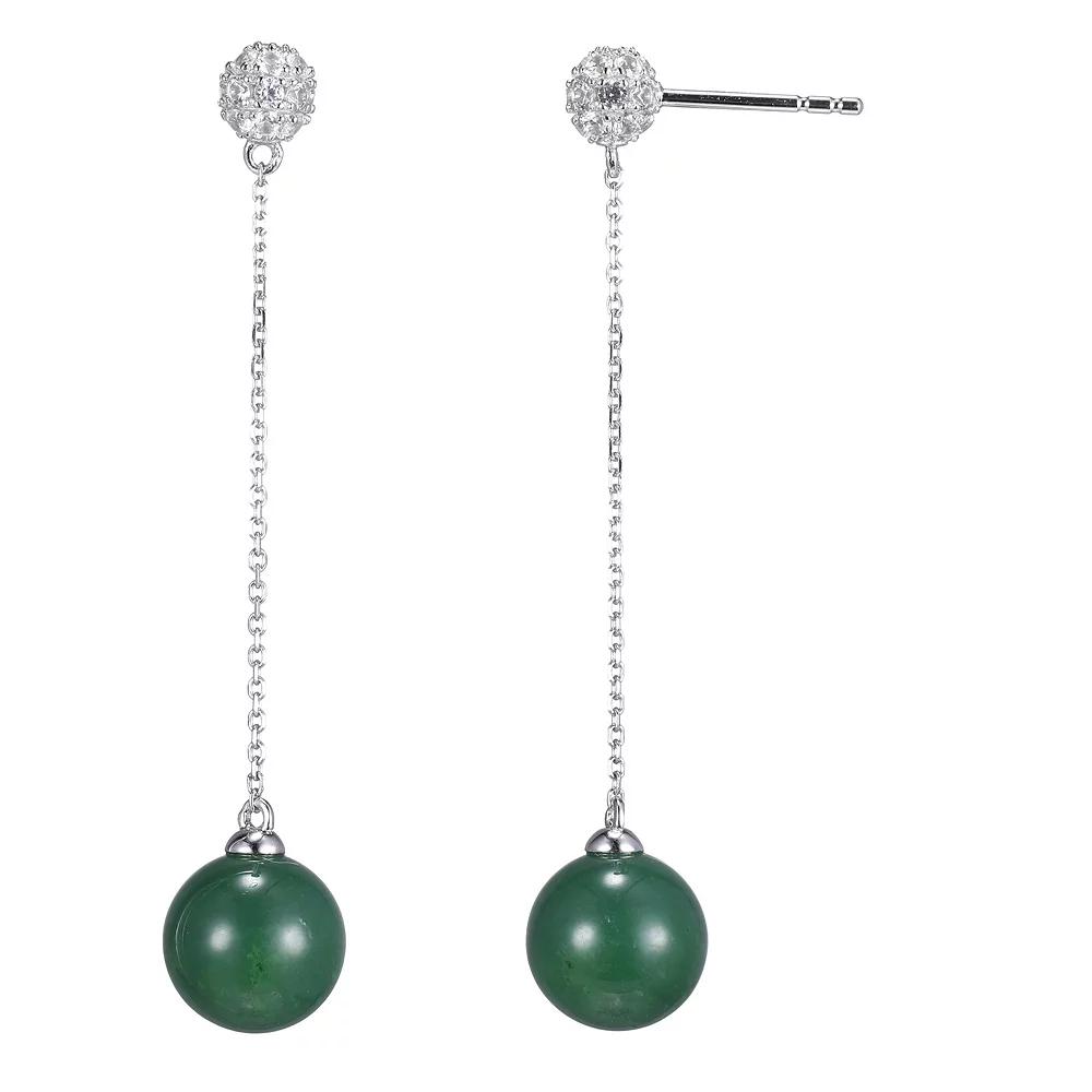Dynasty Jade Sterling Silver Genuine Nephrite Jade & Lab-Created White Sapphire Bead Drop Earrings, Women's Product Image