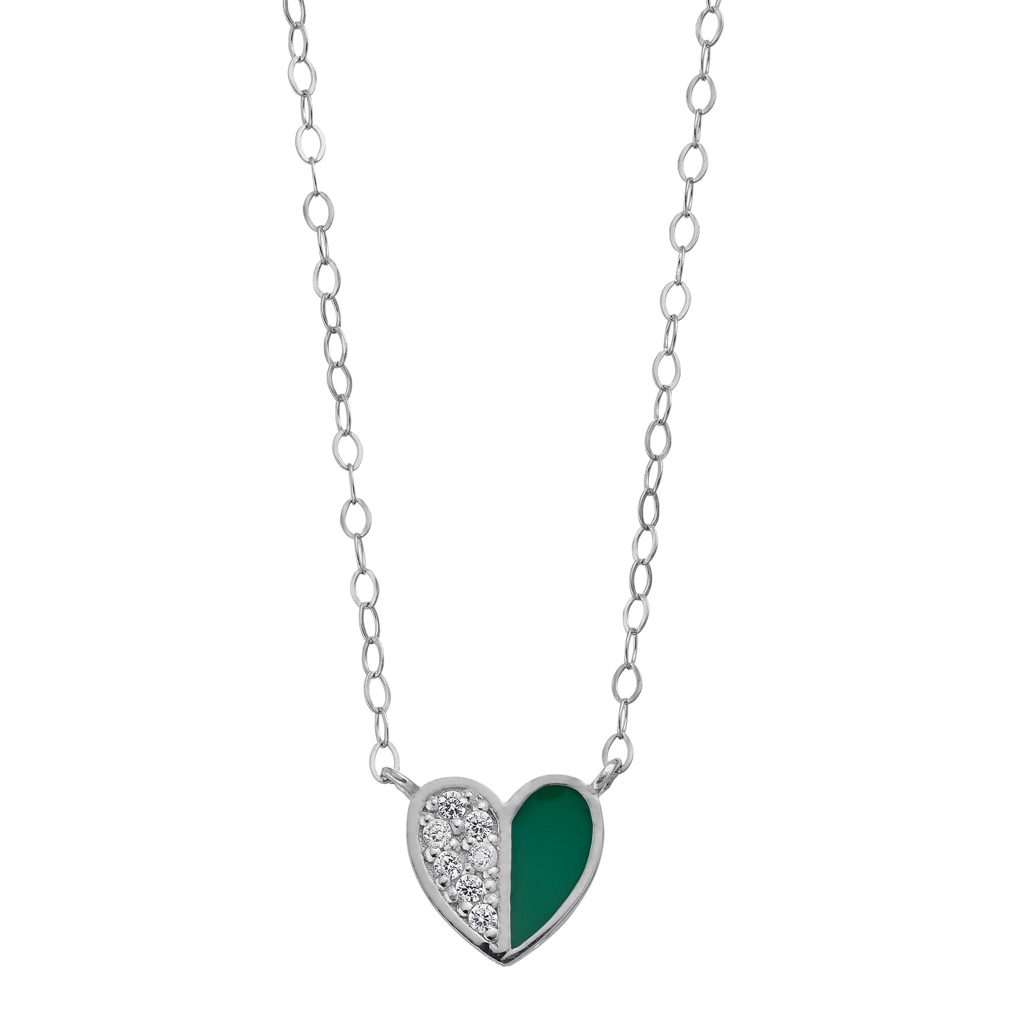 Aleure Precioso Sterling Silver Cubic Zirconia & Enamel Heart Necklace, Women's, Size: 16", Sterling Green Product Image