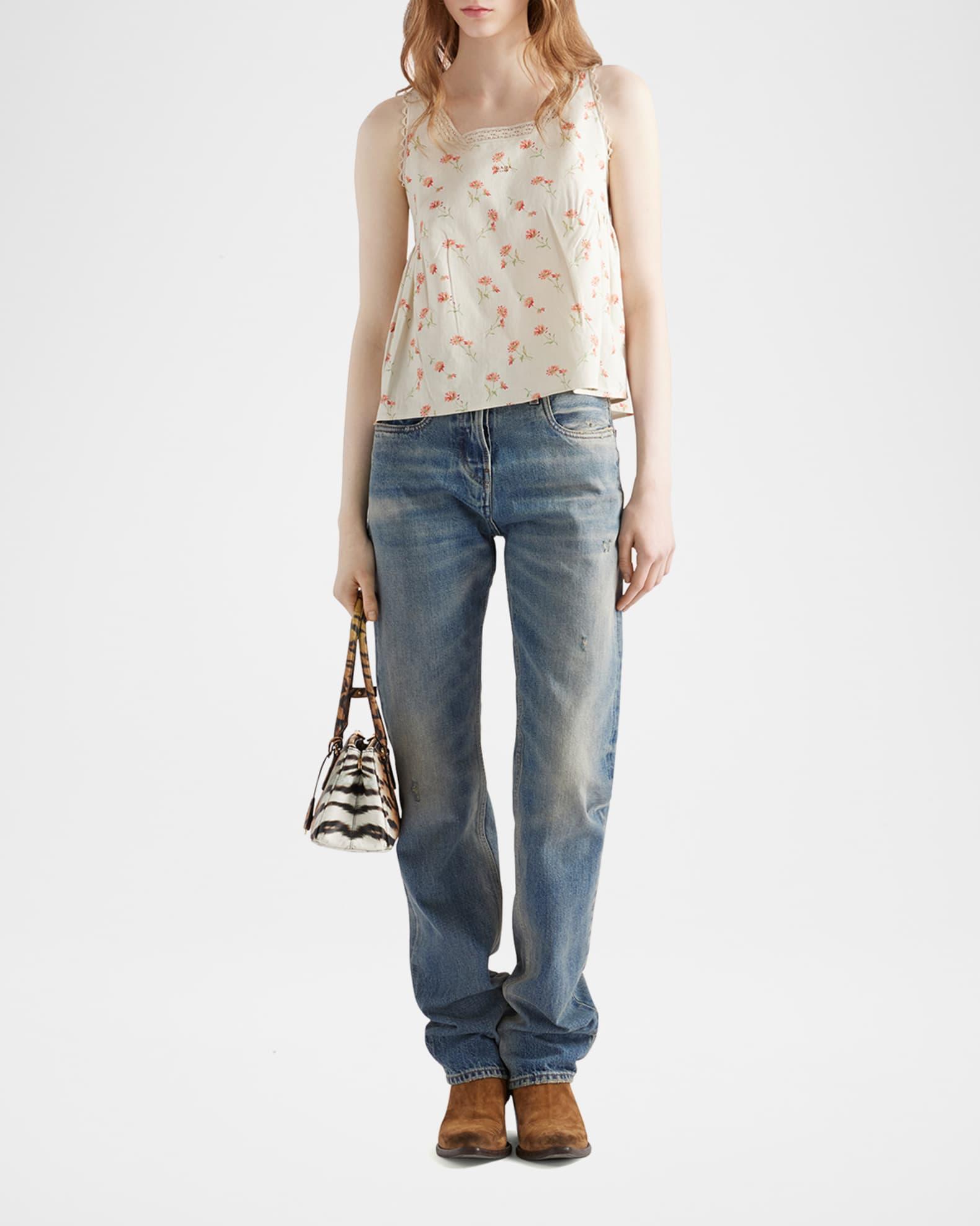 Floral-Print Linen Sleeveless Babydoll Top Product Image