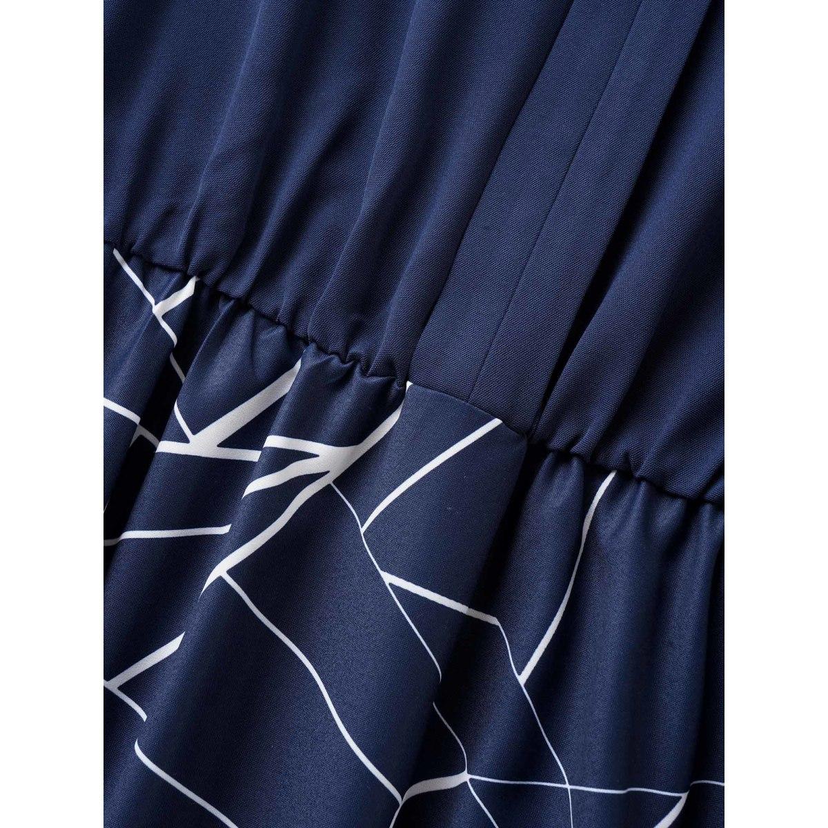 Plus Size Geometric Flat Collar With V Notch Belted Dress Indigo Women At the Office Belted Flat collar with V-notch Short sleeve Curvy Midi Dress BloomChic 18-20/2X Product Image